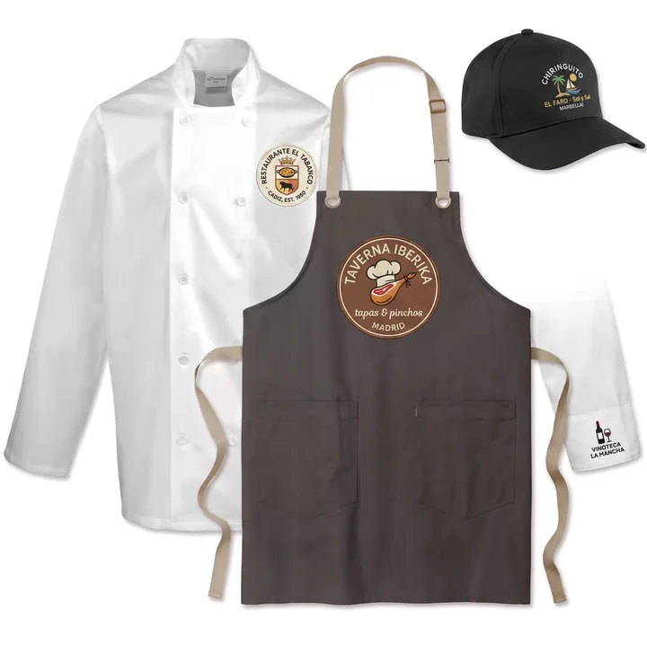 Chaquetilla de cocina, delantal y gorra de hostelería personalizables