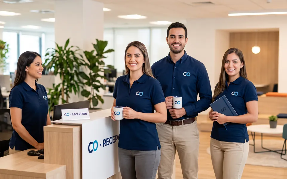 Equipo de recepción con polos personalizados con el logo de su empresa