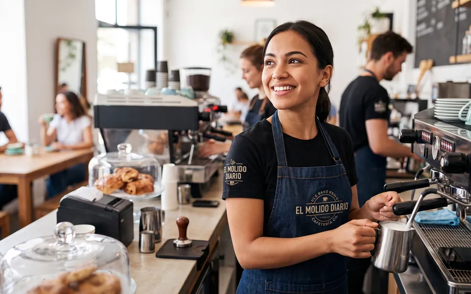 Camarera de cafetería con camiseta y delantal personalizados con el logo del local