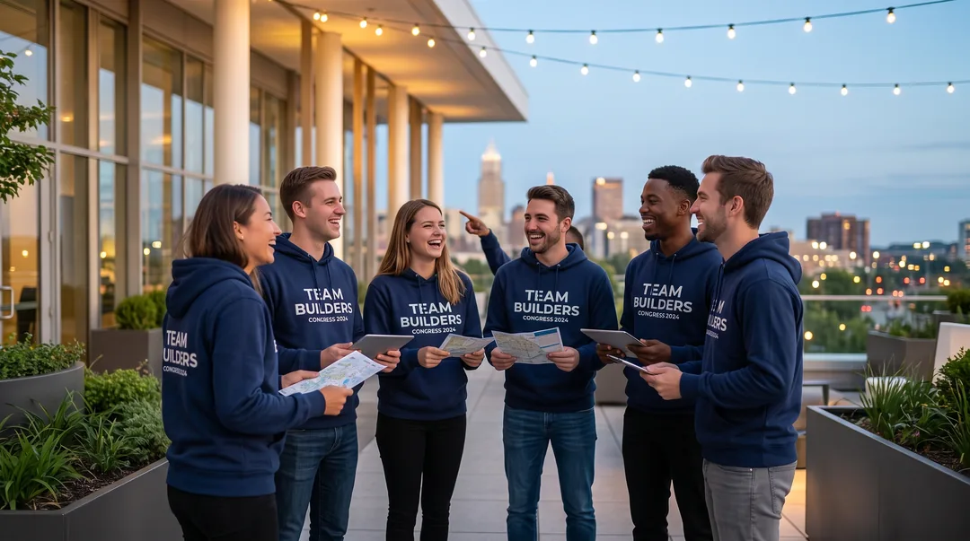 Grupo de asistentes con sudaderas del congreso durante el networking en una terraza