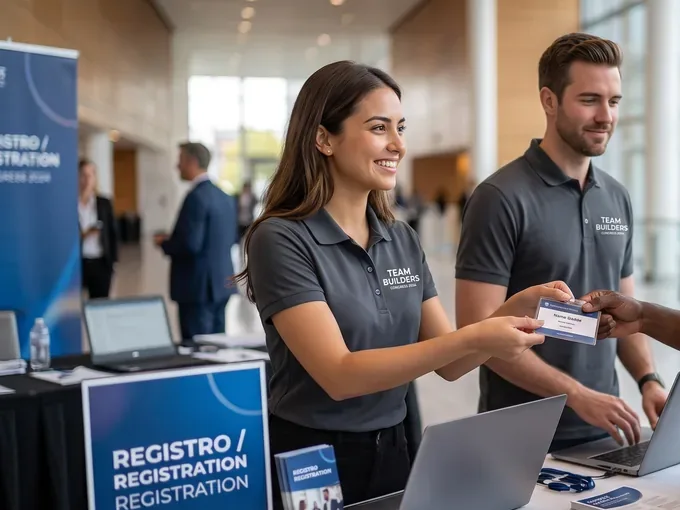 Personal de registro de un congreso con polos personalizados atendiendo a un asistente