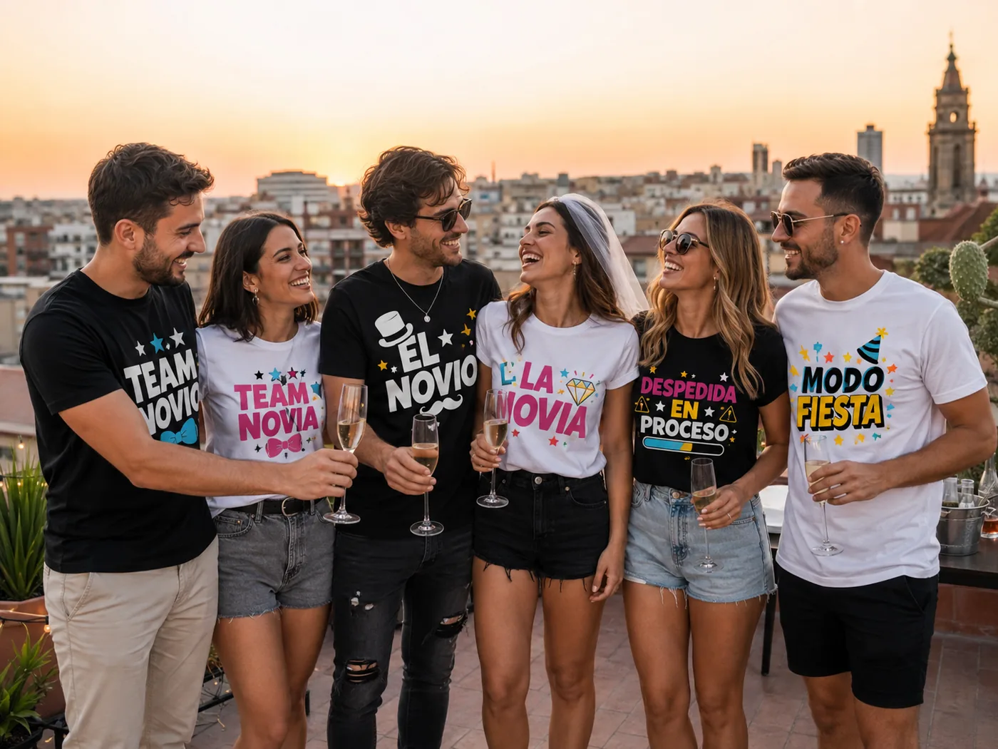 Grupo mixto con camisetas personalizadas de despedida en una terraza