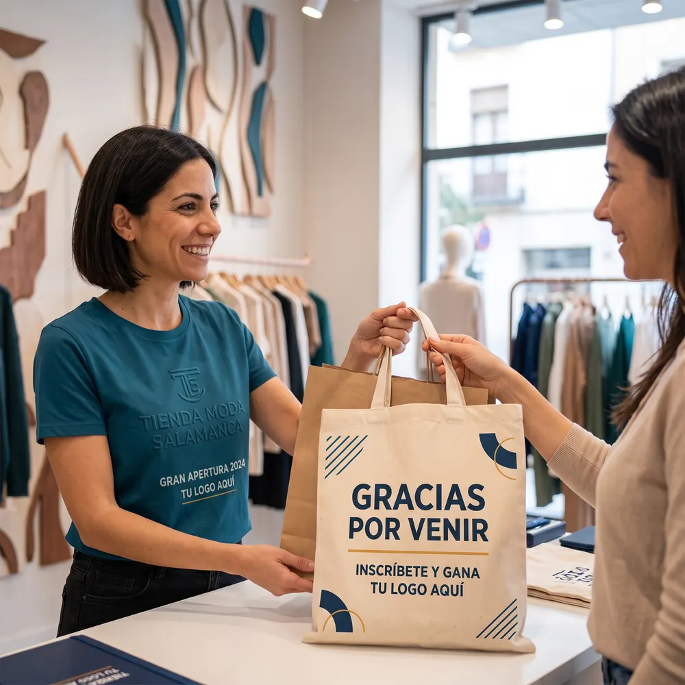 Dependienta con camiseta de gran apertura entregando una bolsa personalizada en tienda