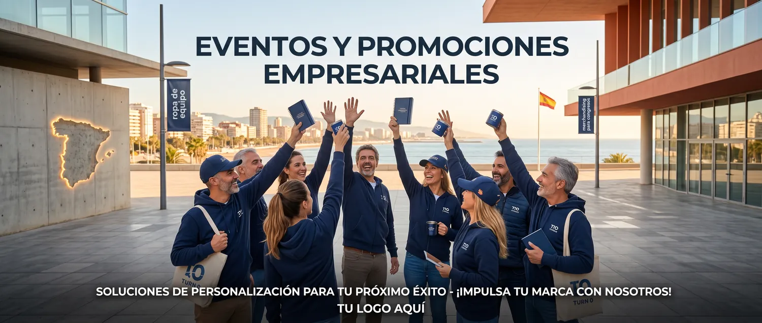 Equipo con ropa promocional personalizada de un evento de empresa levantando merchandising con su marca