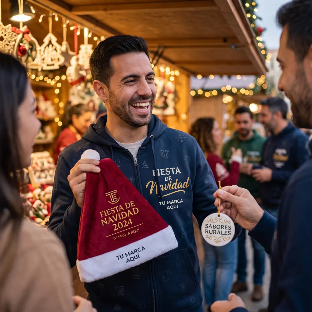 Sudadera y gorro de Papá Noel personalizados en un mercadillo de Navidad de empresa