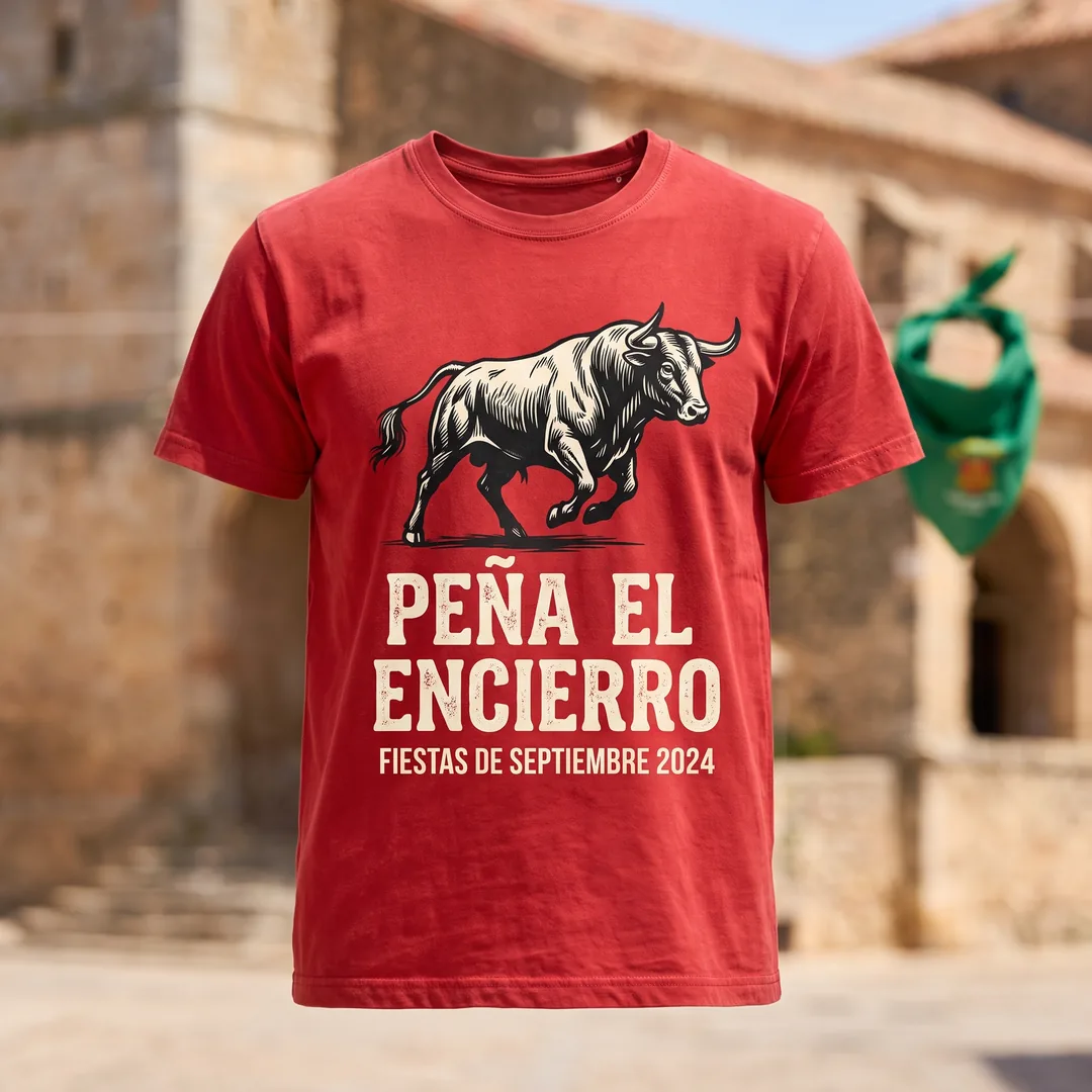 Camiseta roja de peña con toro para las fiestas del encierro