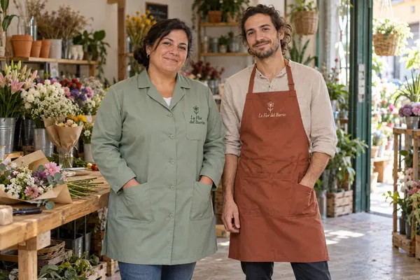 Floristas con bata y delantal personalizados con el logo de la tienda