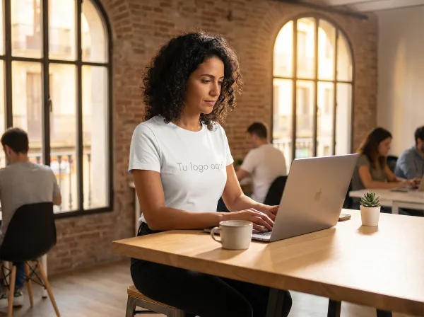Camiseta corporativa personalizada con logo para empresa — trabajadora en oficina moderna