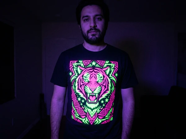 Camiseta con impresión DTF Fluorescente encendida bajo luz negra UV festival
