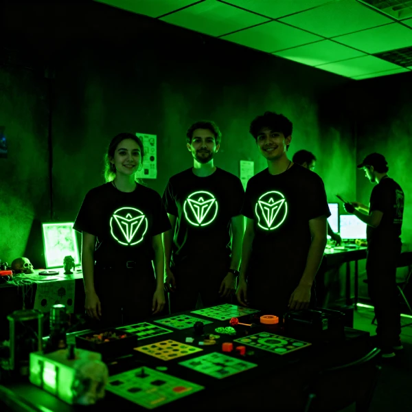Camisetas DTF Fluorescente escape room ambientación oscuridad staff