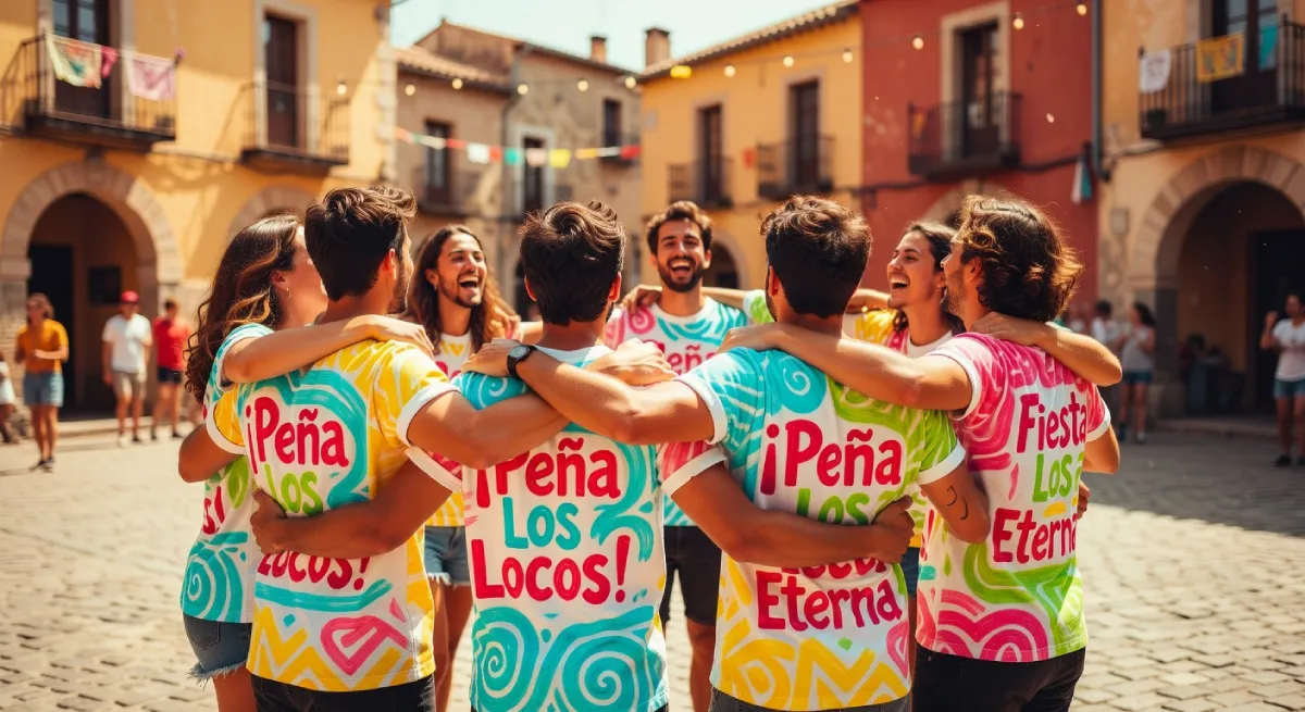 Grupo de amigos en fiestas del pueblo con camisetas personalizadas DTF Fluorescente neón UV