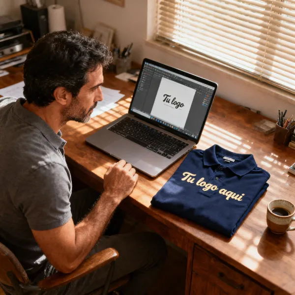 Pedir uniformes corporativos personalizados online — empresario diseñando uniforme con logo en La Imprenta de las Camisetas