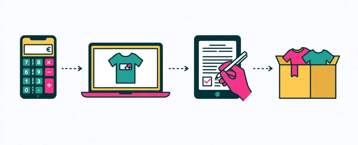 Proceso de 4 pasos para pedir presupuesto de camisetas personalizadas: calculadora, mockup, aprobación y producción en Madrid