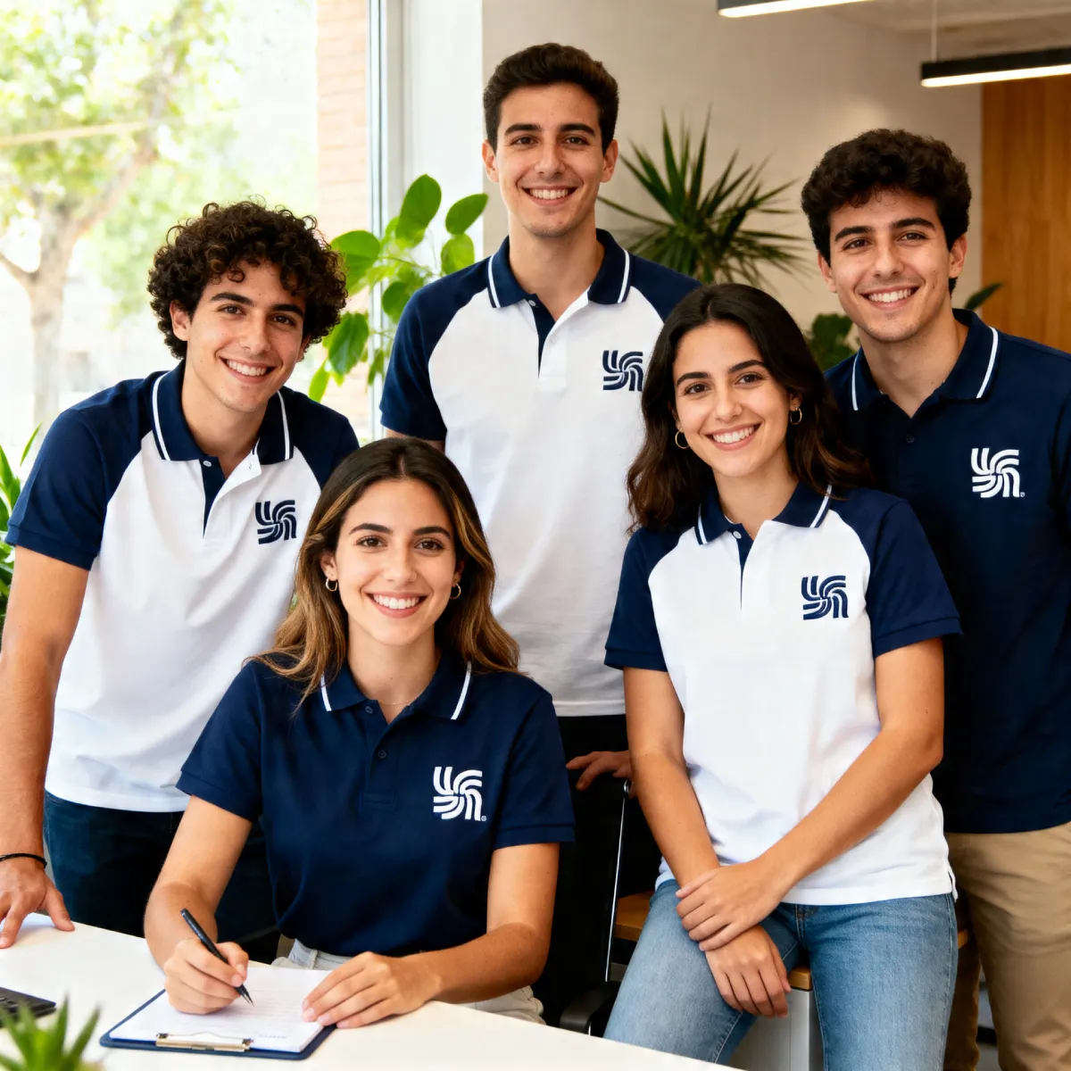 Equipo de empresa con uniformes corporativos personalizados de polos bordados en Madrid