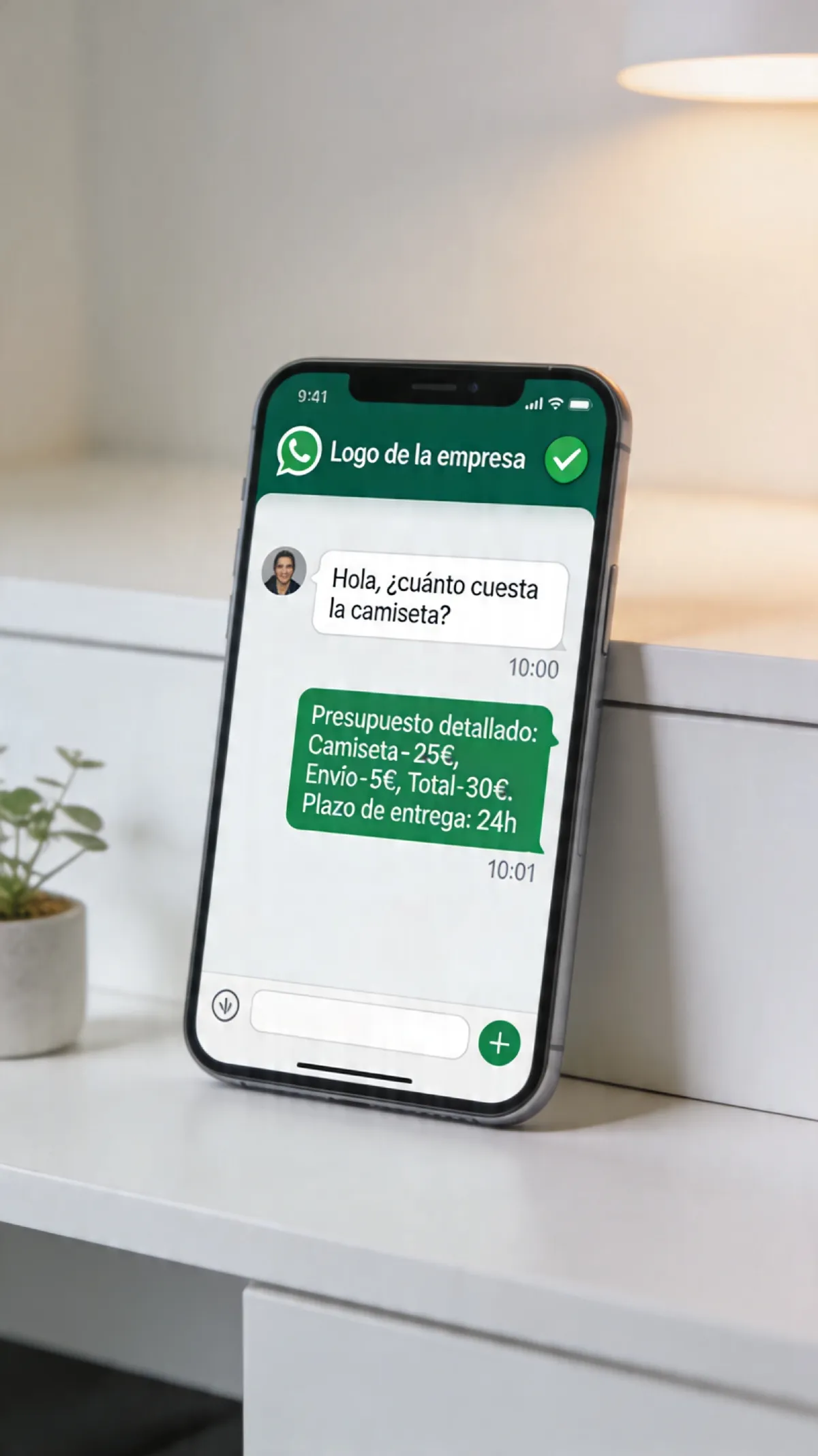 Conversación de WhatsApp pidiendo presupuesto de camisetas personalizadas con respuesta en menos de 10 minutos